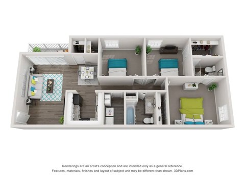 Floor plan for 3 beds, 2 baths, 1109 sqft